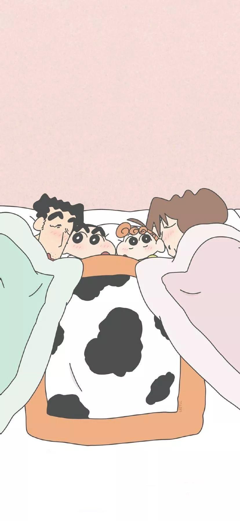 蜡笔小新一家温馨挤床睡觉图 壁纸