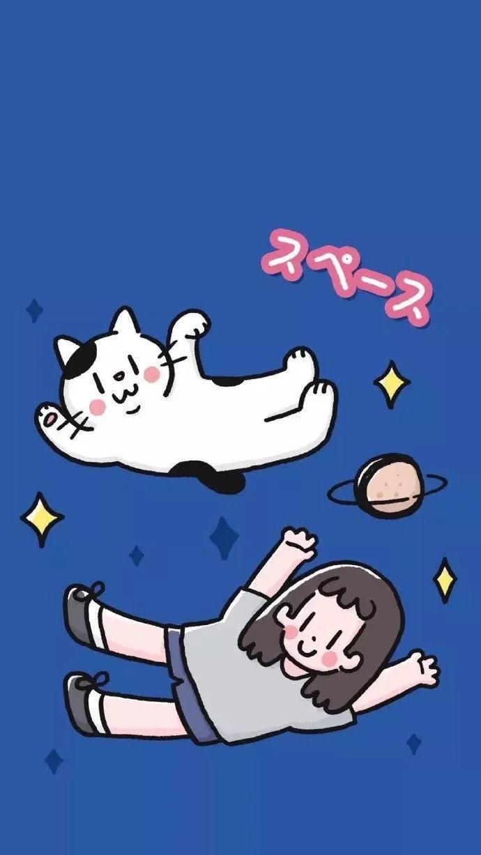 星空下的猫咪与女孩 壁纸