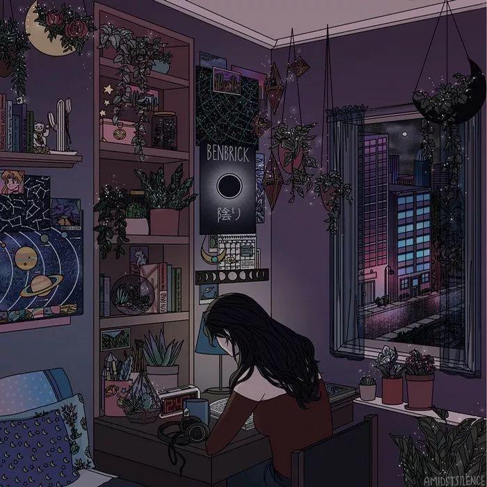 深夜房间里独处的少女 - 动漫壁纸