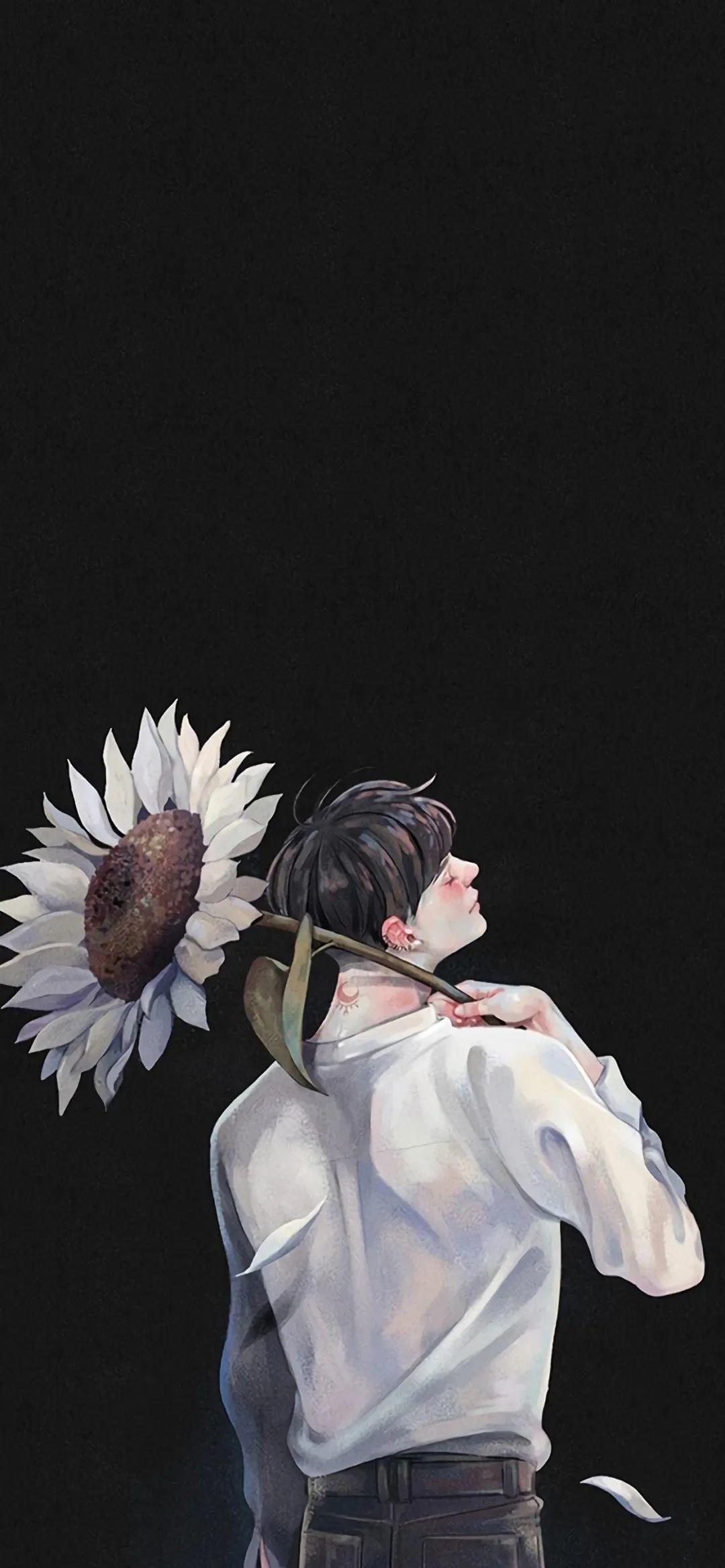 唯美插画肩扛向日葵少年背影 - 动漫壁纸
