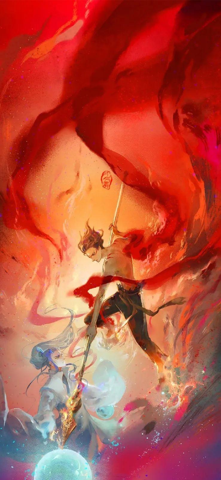 国漫插画悟空与哪吒红莲战 - 动漫壁纸