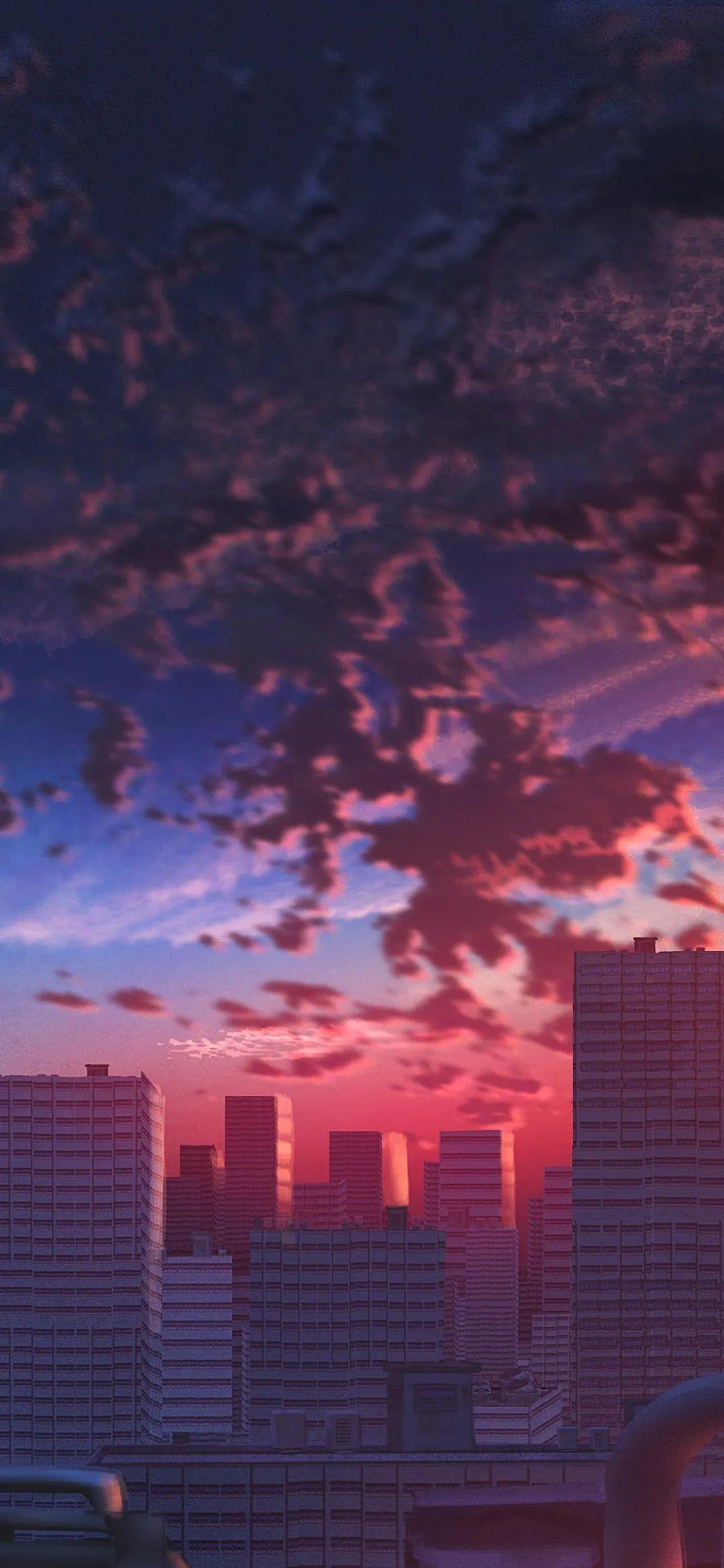动漫风格的城市晚霞风景图 壁纸