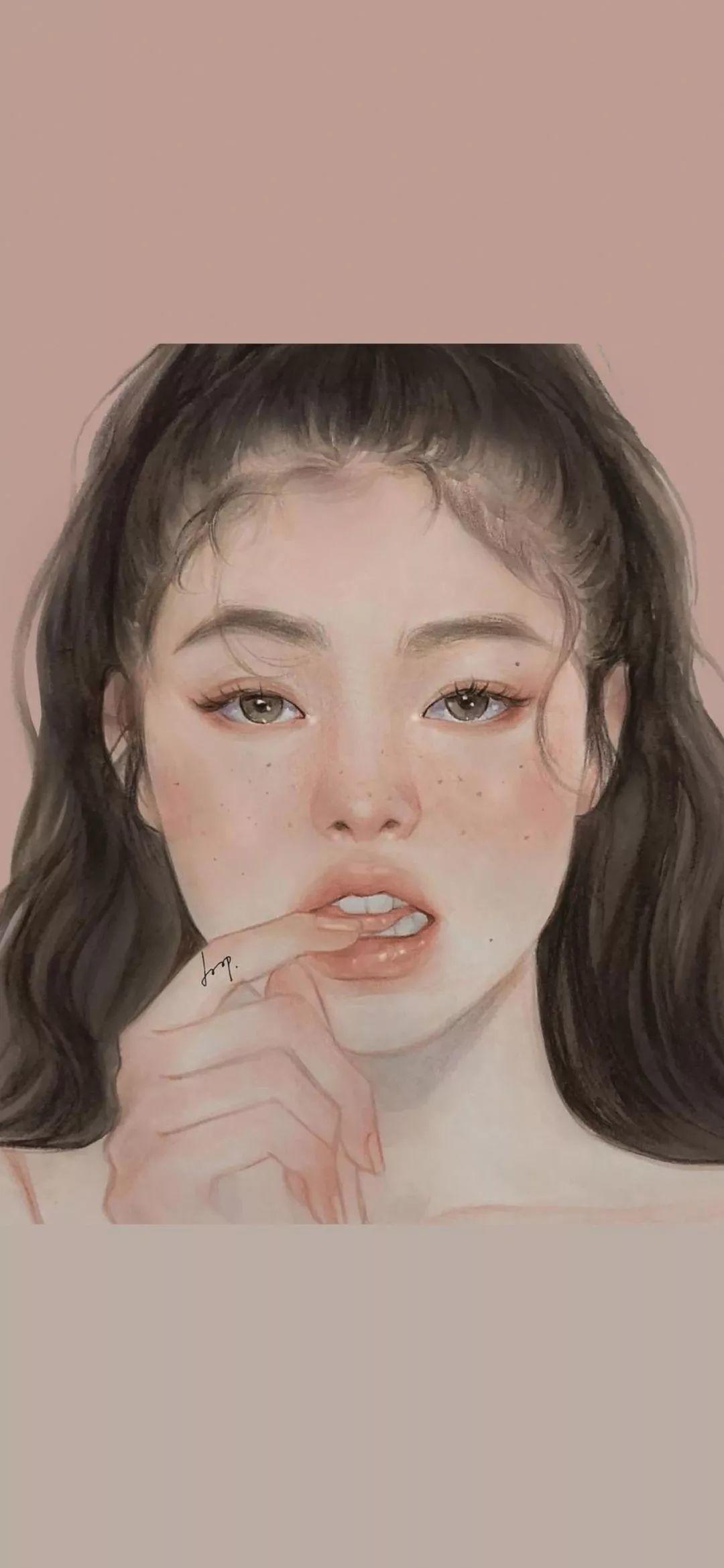 纯欲风手绘女生手指放嘴边 壁纸