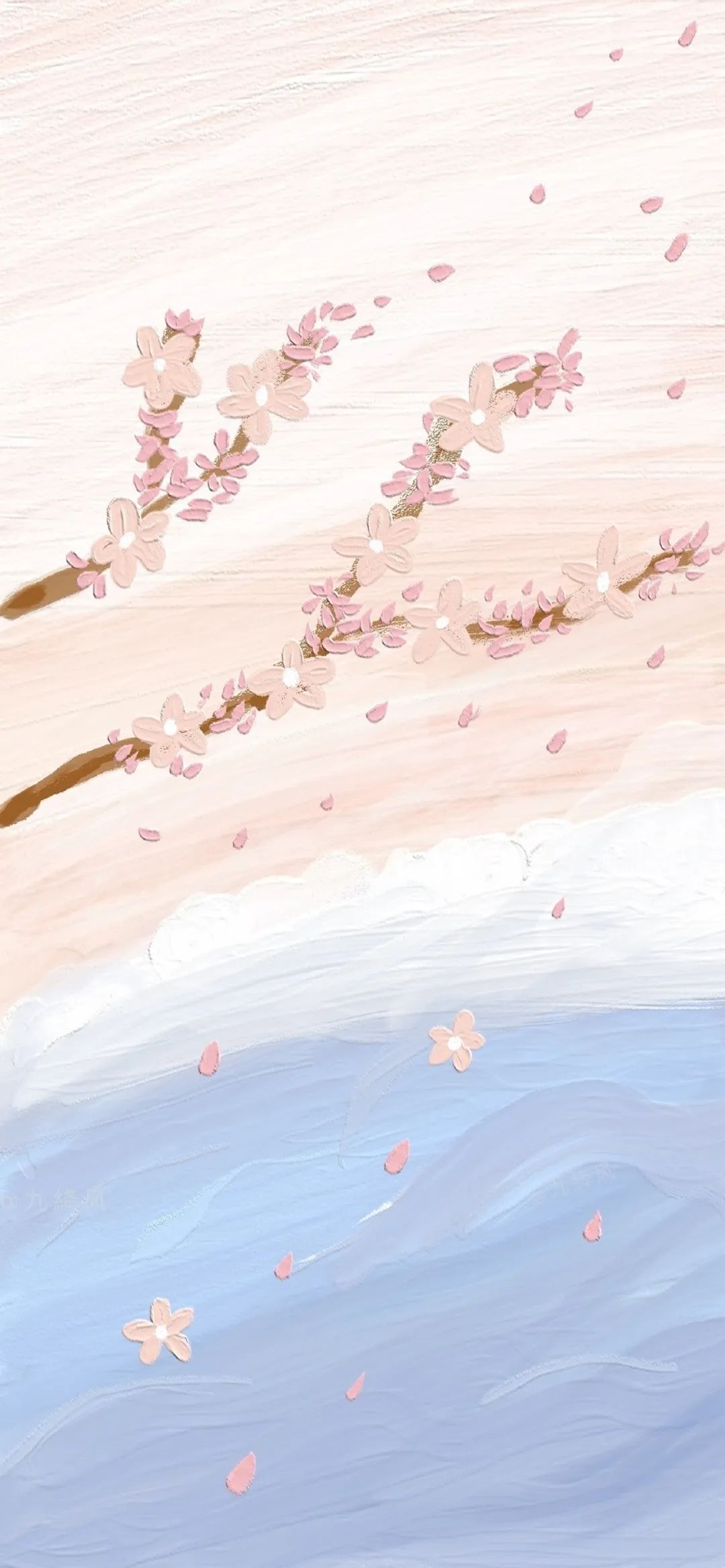 唯美手绘粉色樱花与蓝色海浪 壁纸