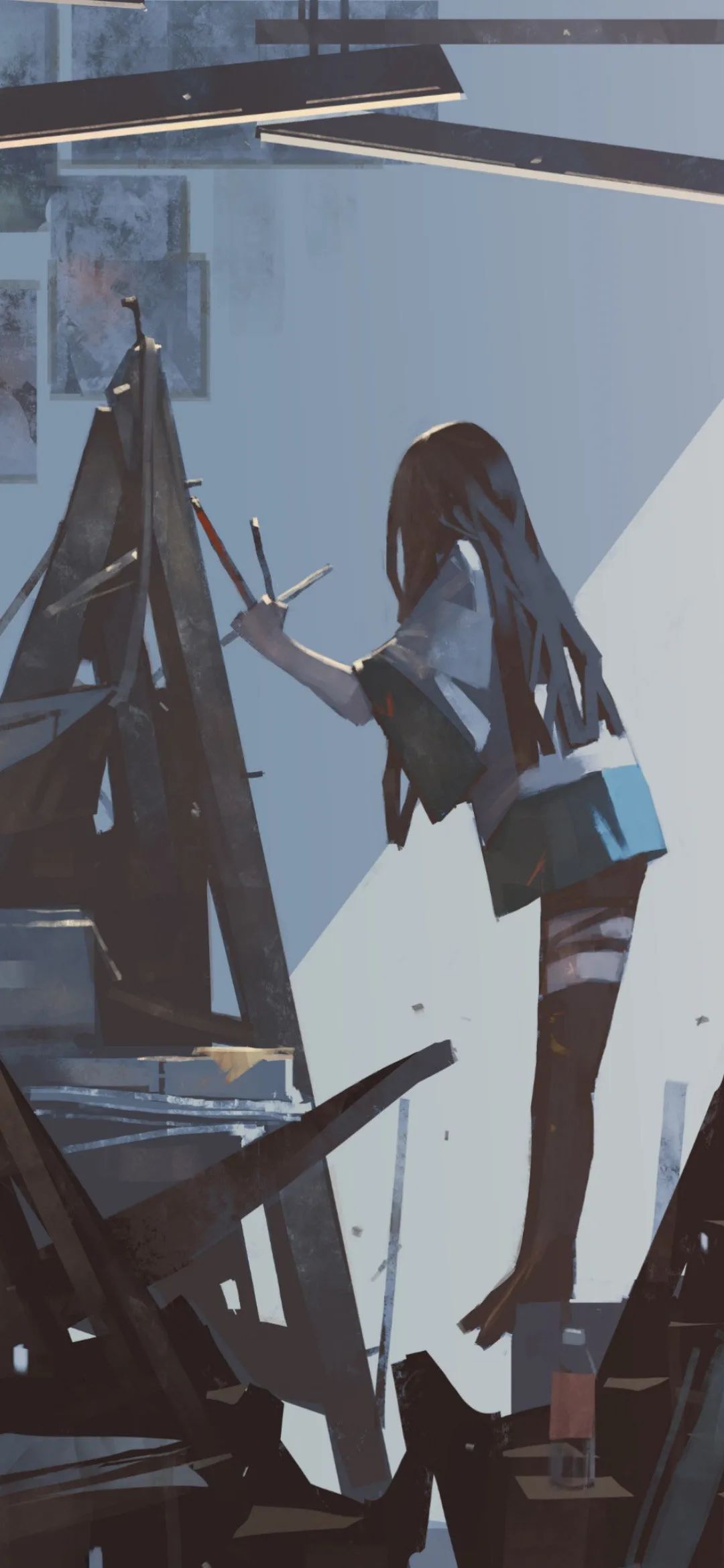 专注画画的长发少女背影 - 动漫壁纸