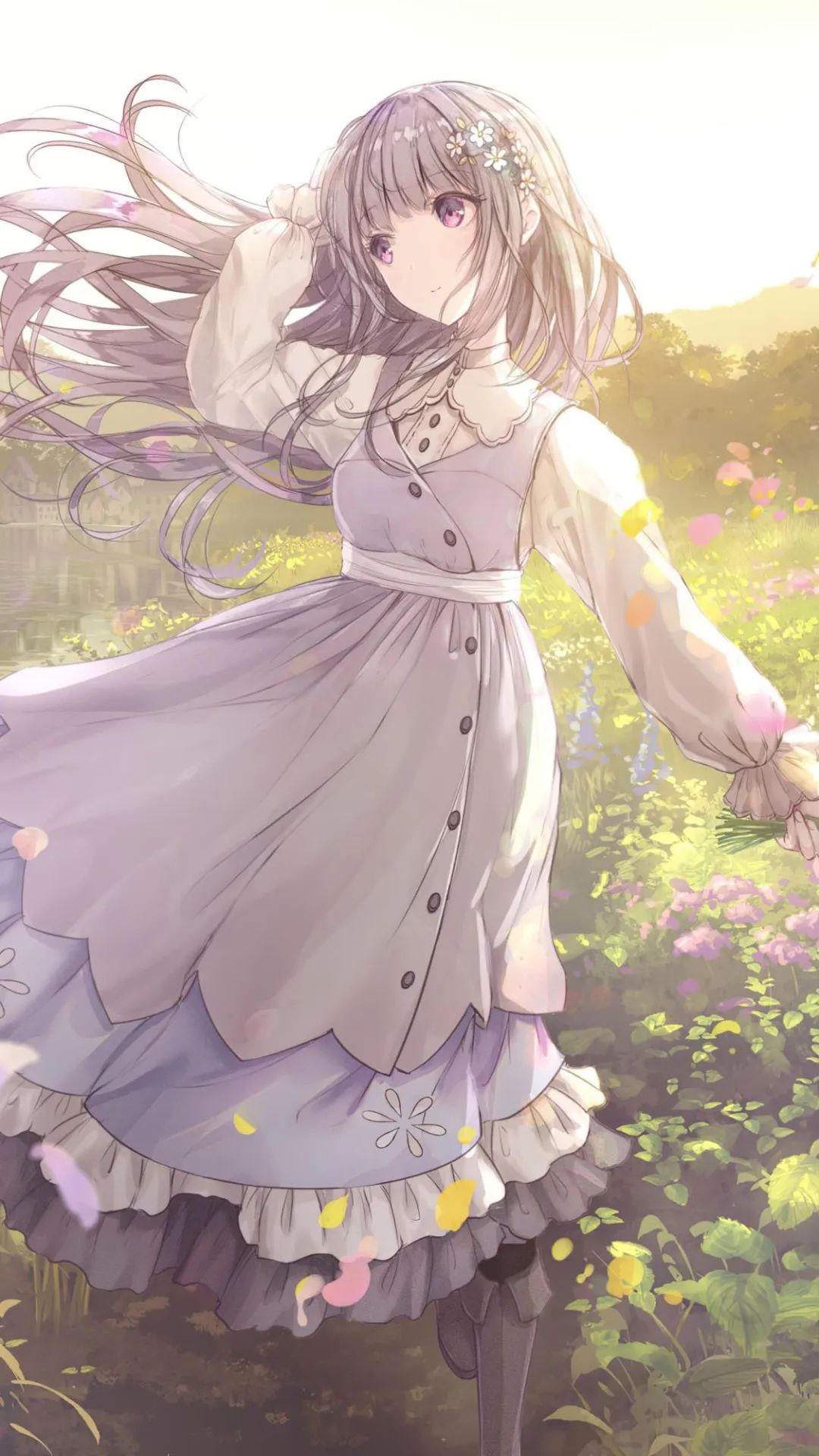 花田里的紫裙动漫少女 壁纸